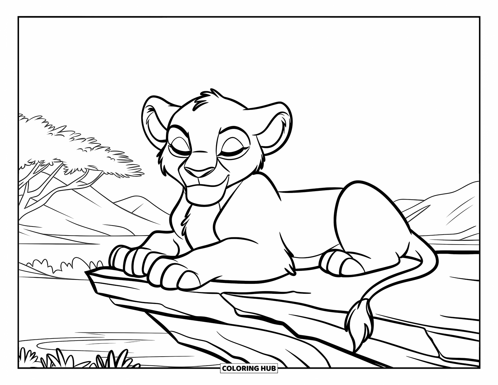 Lion Cub Coloring Page for Kids: A lion cub naps on a rock ledge overlooking a peaceful mountain view