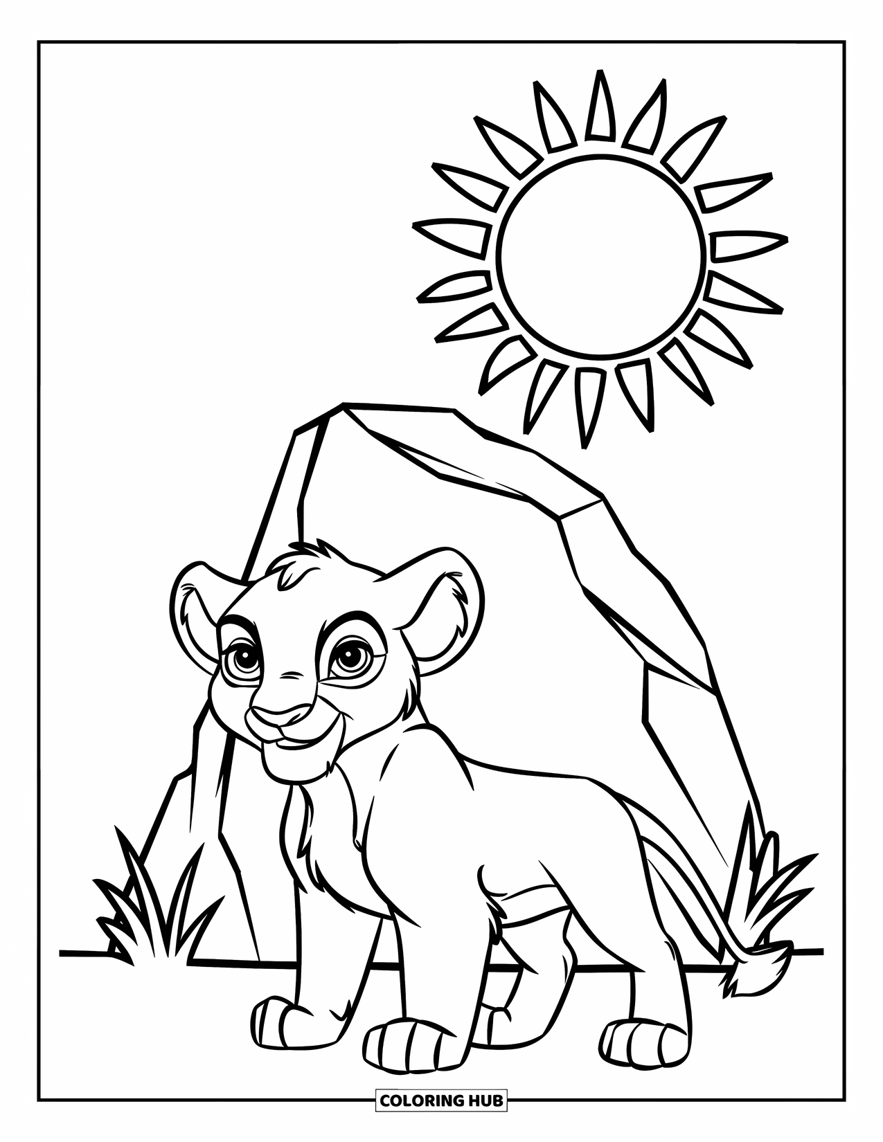 Lion Cub Coloring Page for Kids: A lion cub poses near a rock and smiling sun