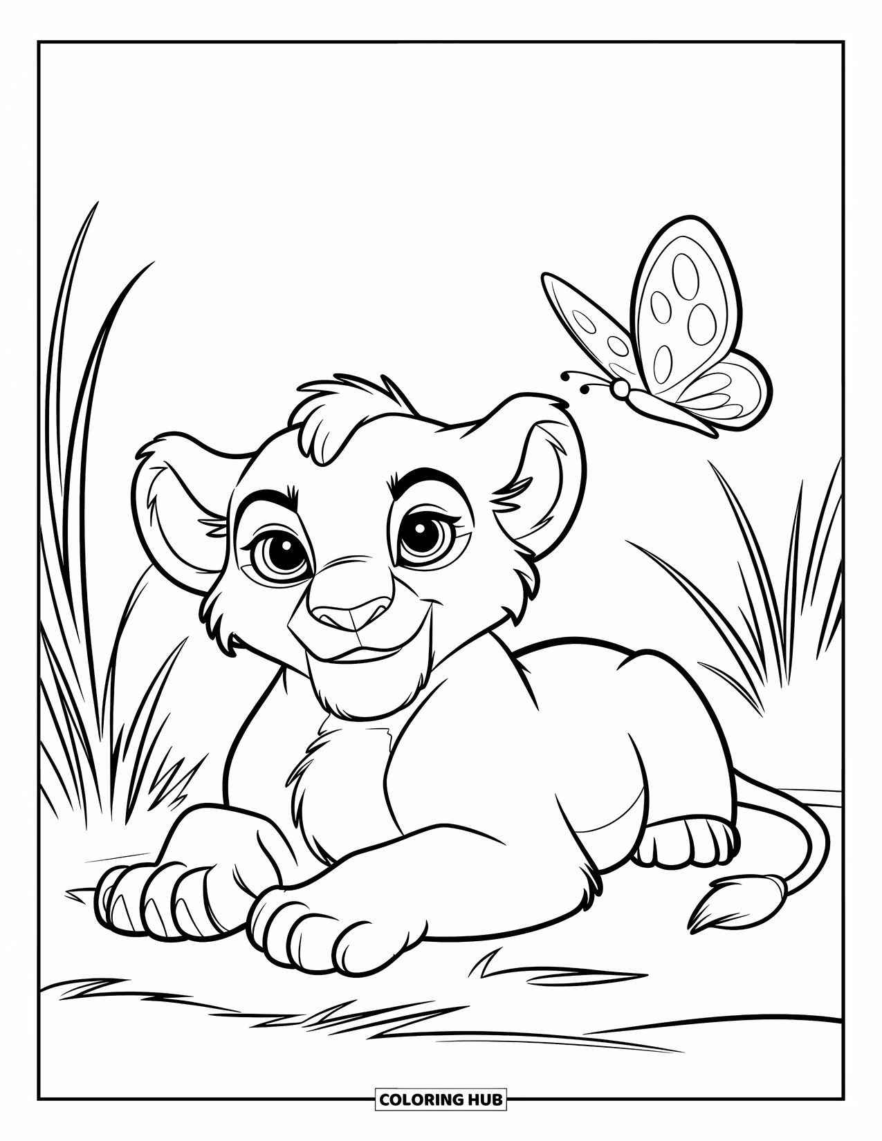 Lion Cub Coloring Page for Kids: A lion cub relaxes in the grass with a butterfly close by