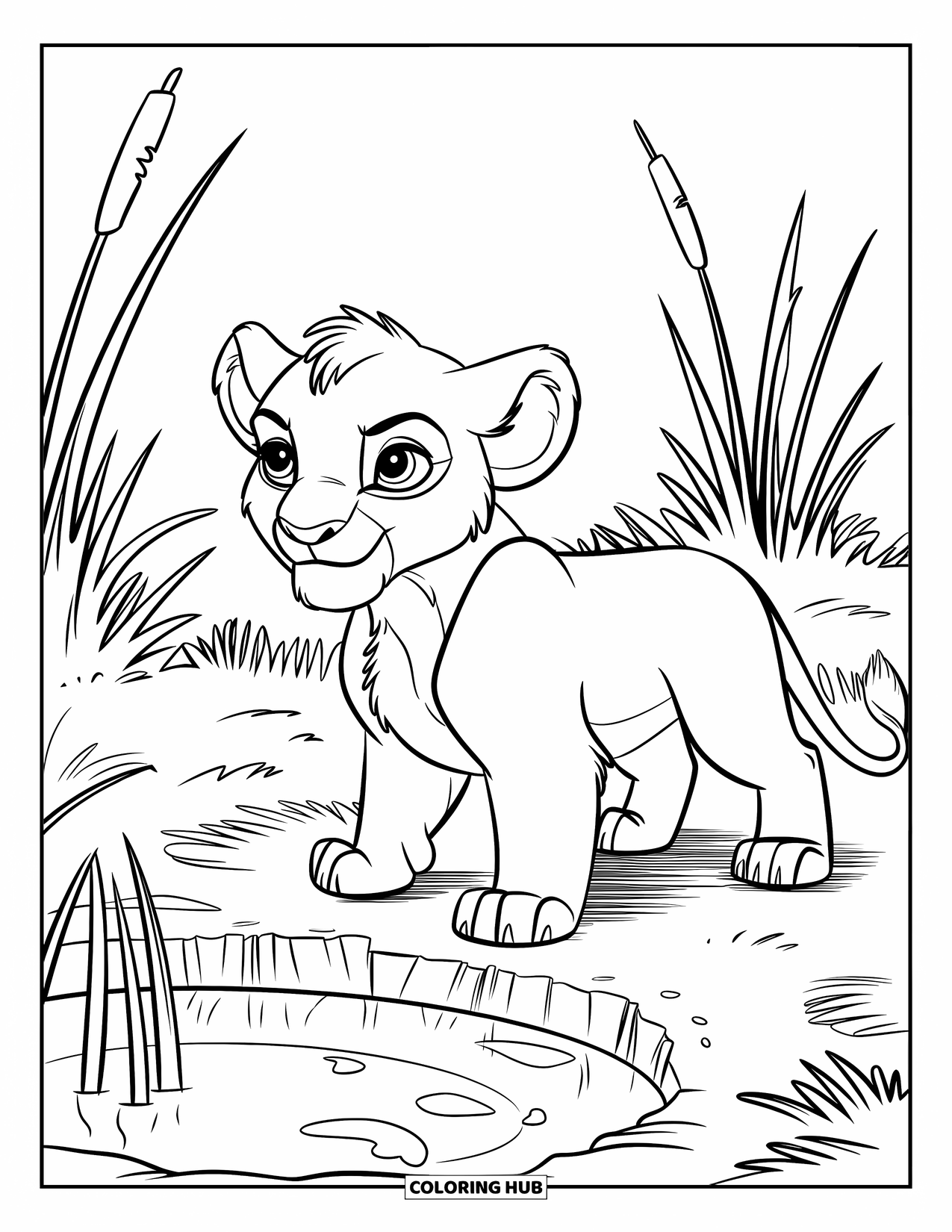 Lion Cub Coloring Page for Kids: A lion cub stands by a waterhole with tall reeds swaying nearby