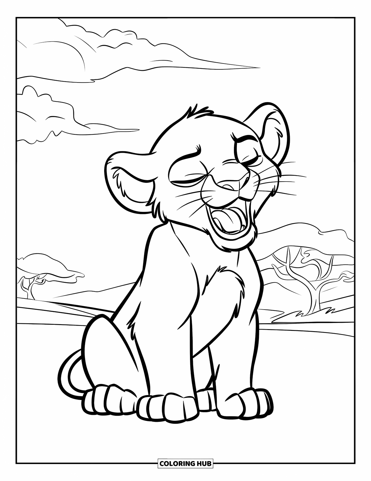 Lion Cub Coloring Page for Kids: A little cub lets out a big yawn beneath cloudy skies