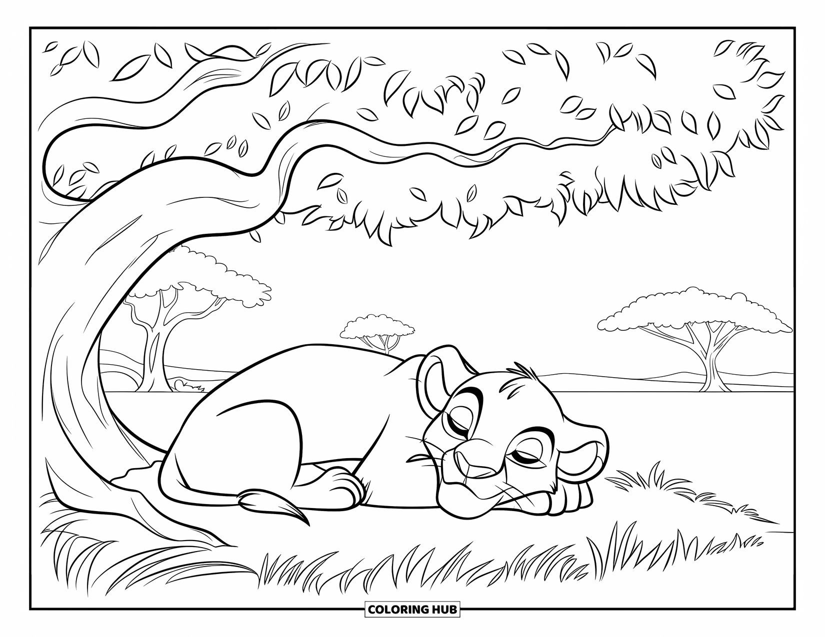 Lion Cub Coloring Page for Kids: A little lion naps under a shady tree on the quiet savannah