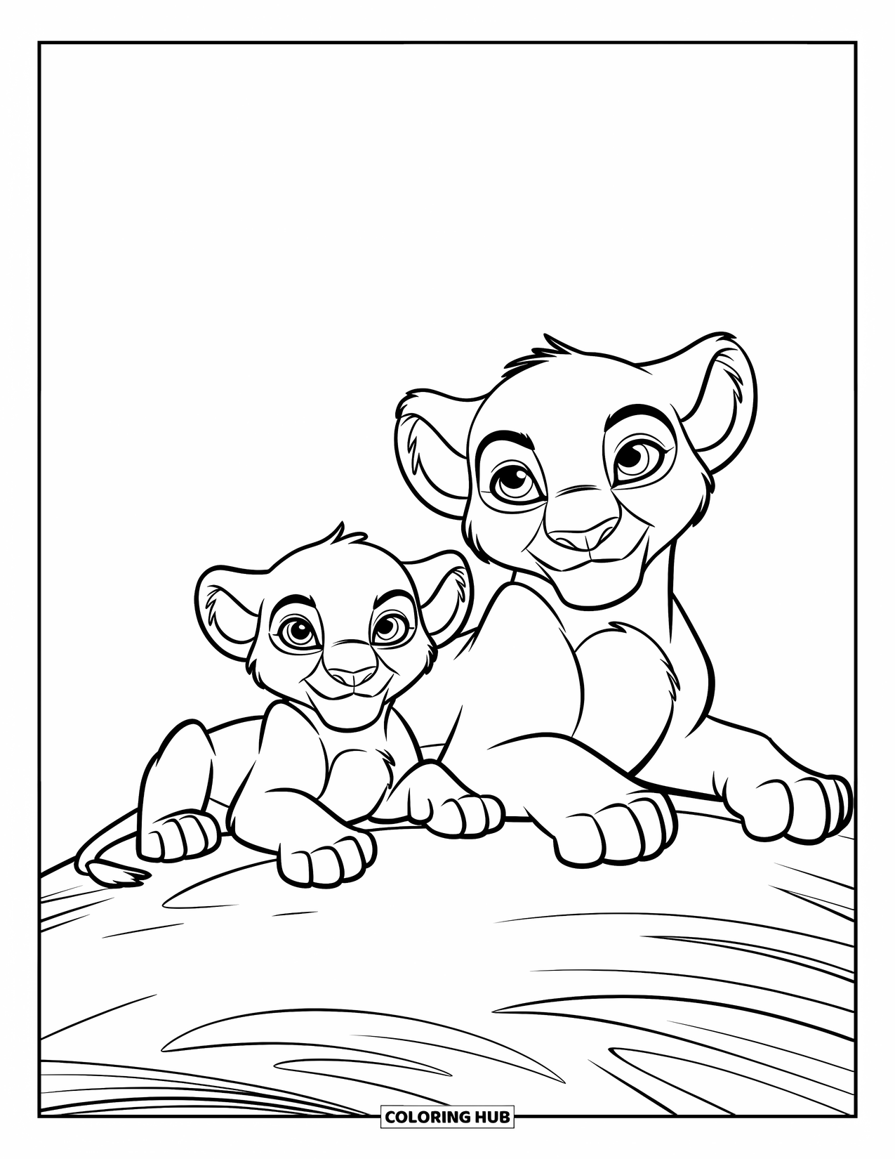 Lion Cub Coloring Page for Kids: A pair of cubs rest close on a quiet hilltop