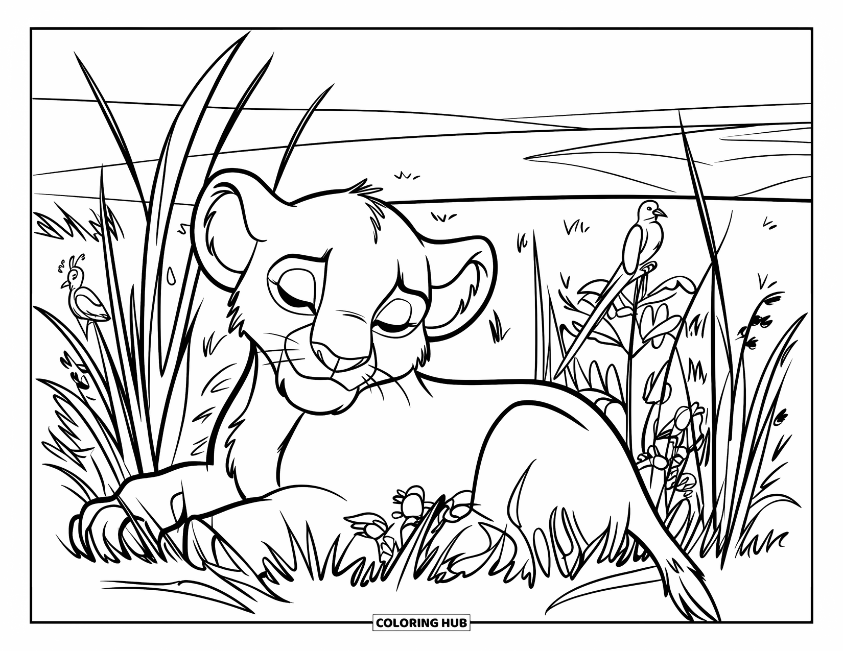 Lion Cub Coloring Page for Kids: A peaceful lion cub naps near birds and wildflowers in a grassy field