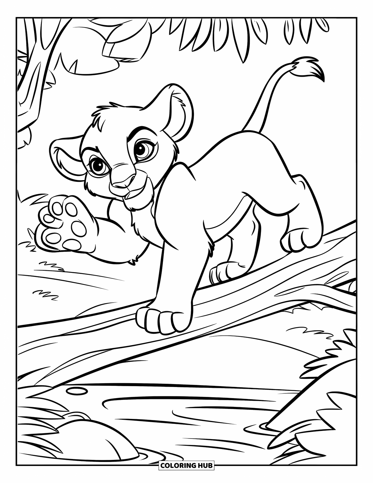 Lion Cub Coloring Page for Kids: A playful lion cub steadies itself on a log over calm water