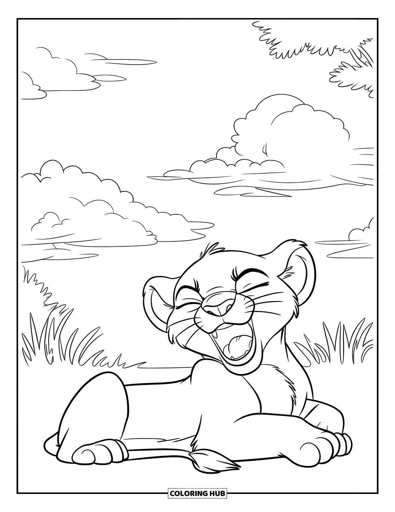 Lion Cub Coloring Page for Kids: A sleepy cub lies on its back, yawning under fluffy clouds