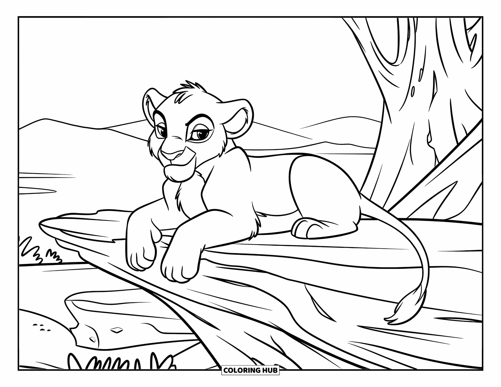 Lion Cub Coloring Page for Kids: A sleepy lion cub rests with its tail dangling from a rocky ledge