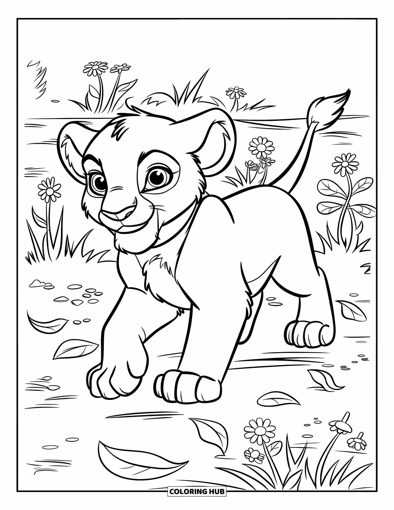 Lion Cub Coloring Page for Kids: A smiling cub trots through a leaf-strewn field full of wild blooms