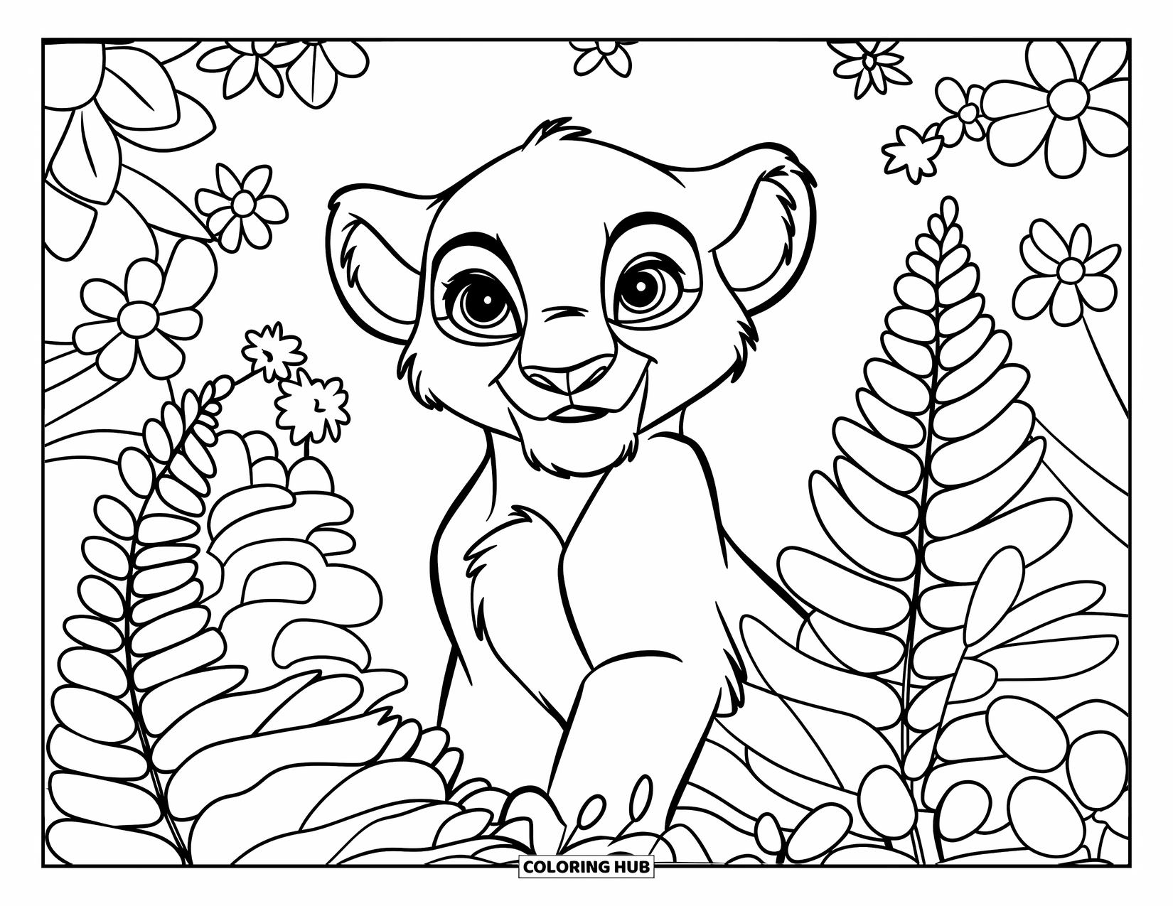Lion Cub Coloring Page for Kids: A wide-eyed cub hides among ferns and blooming flowers