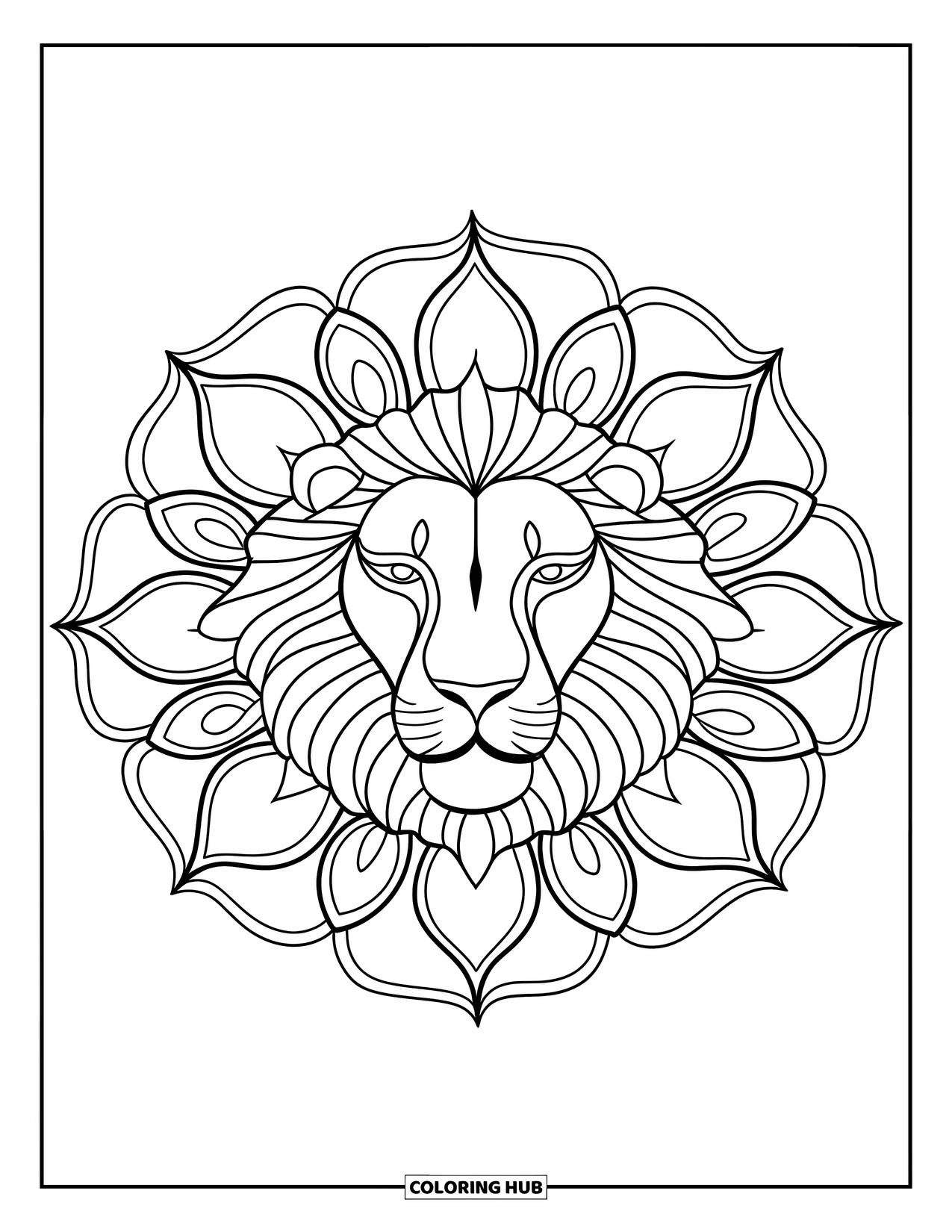 Lion Face Coloring Page for Adults: Full-page mandala with lion face and flower mane