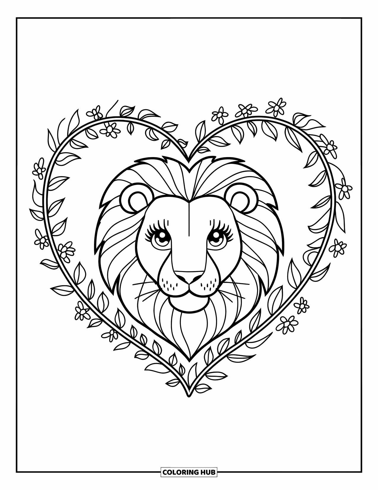 Lion Face Coloring Page for Adults: Kawaii lion in heart-shaped floral frame for coloring pages