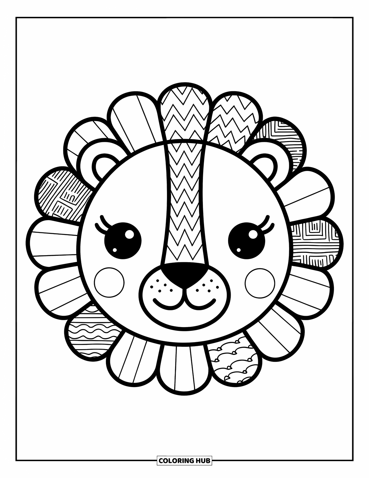 Lion Face Coloring Page for Adults: Kawaii lion with patterned mane in black and white