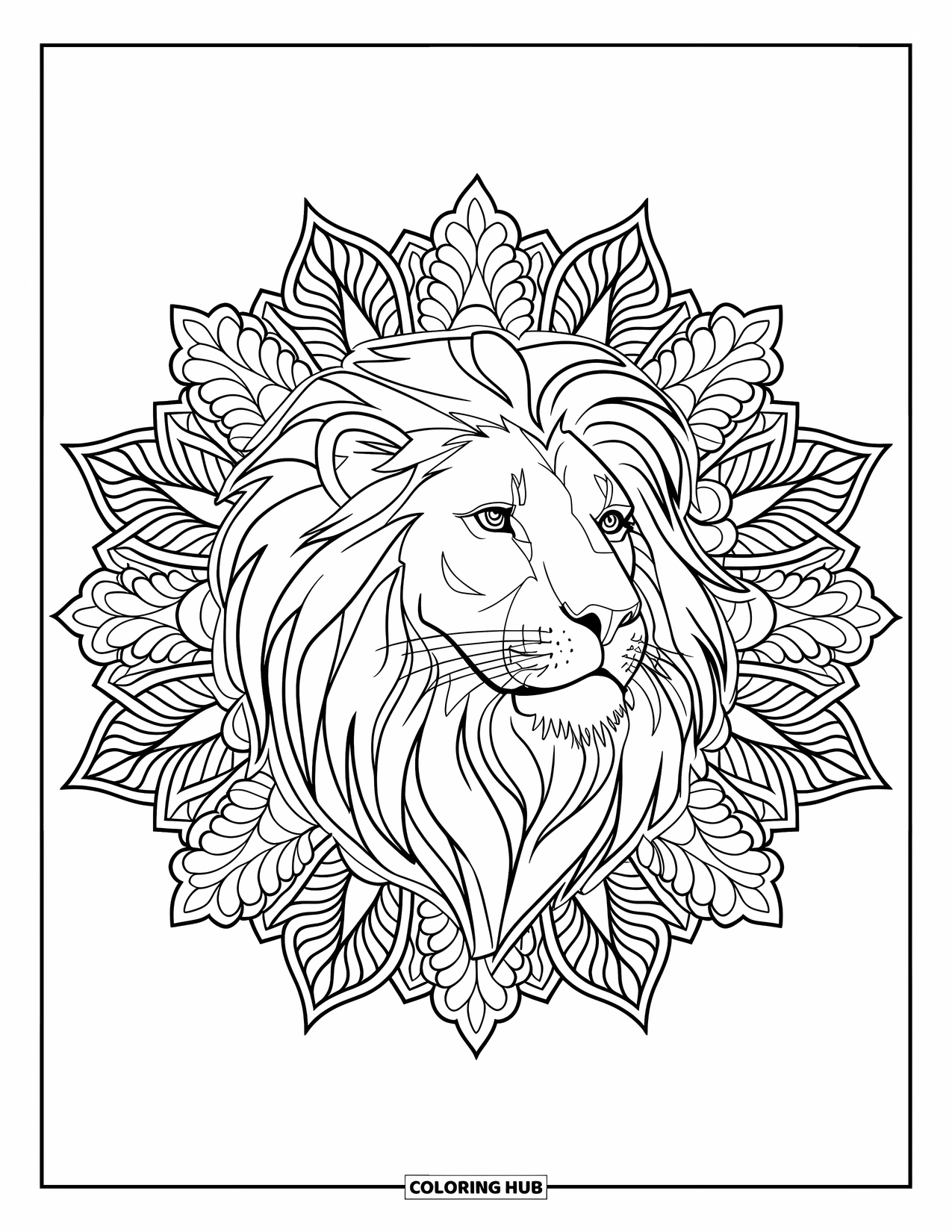 Lion Face Coloring Page for Adults: Lion face in botanical mandala of leaves and flowers