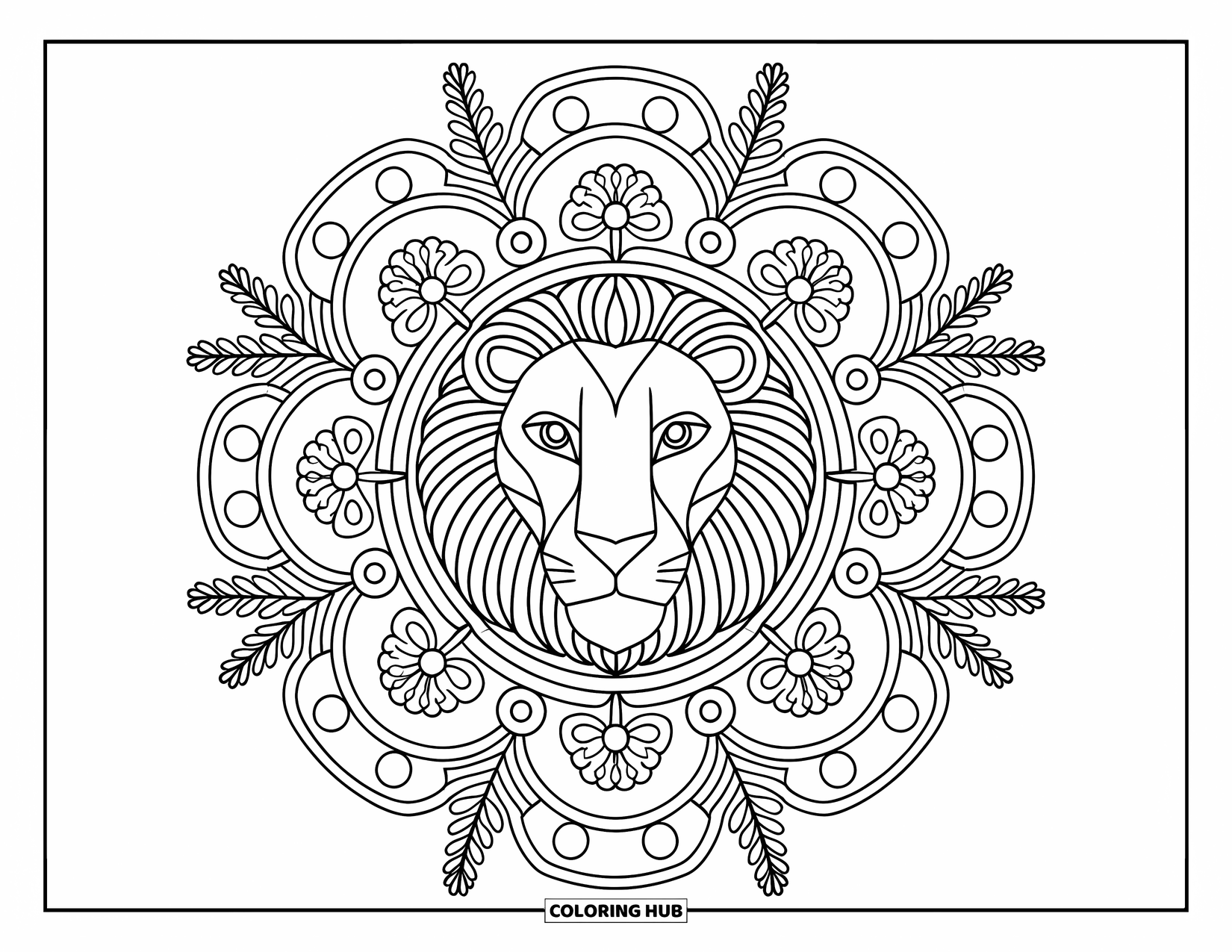 Lion Face Coloring Page for Adults: Lion face in mandala with circles, spirals, and flowers