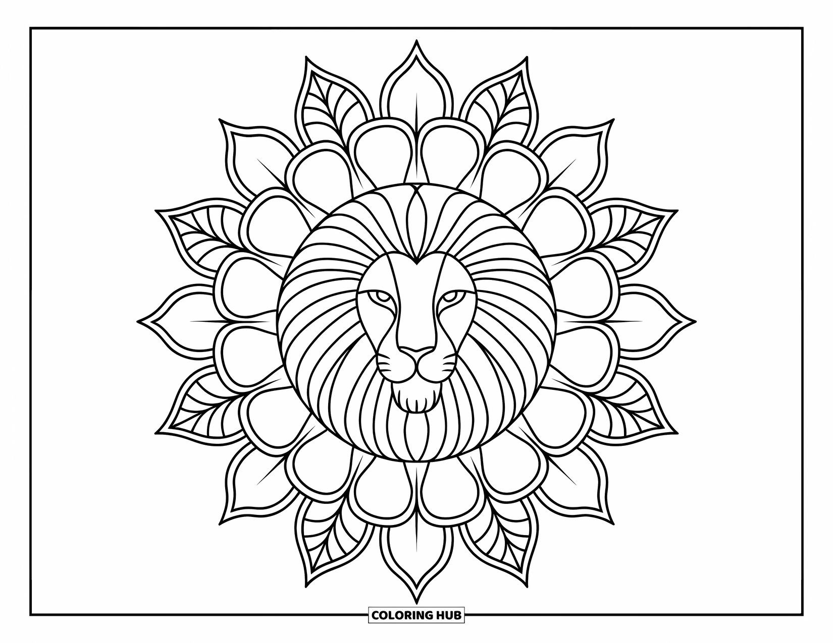 Lion Face Coloring Page for Adults: Lion face in mandala with leaf and petal layers