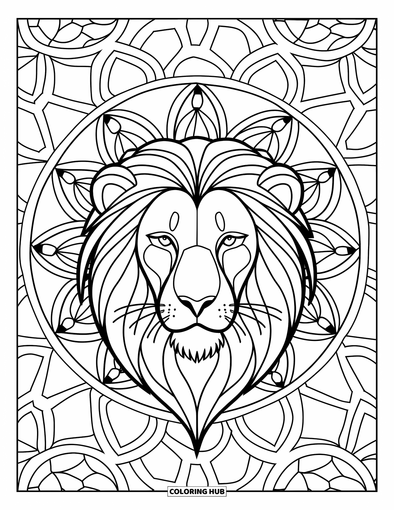 Lion Face Coloring Page for Adults: Lion face with stained glass and circle patterns