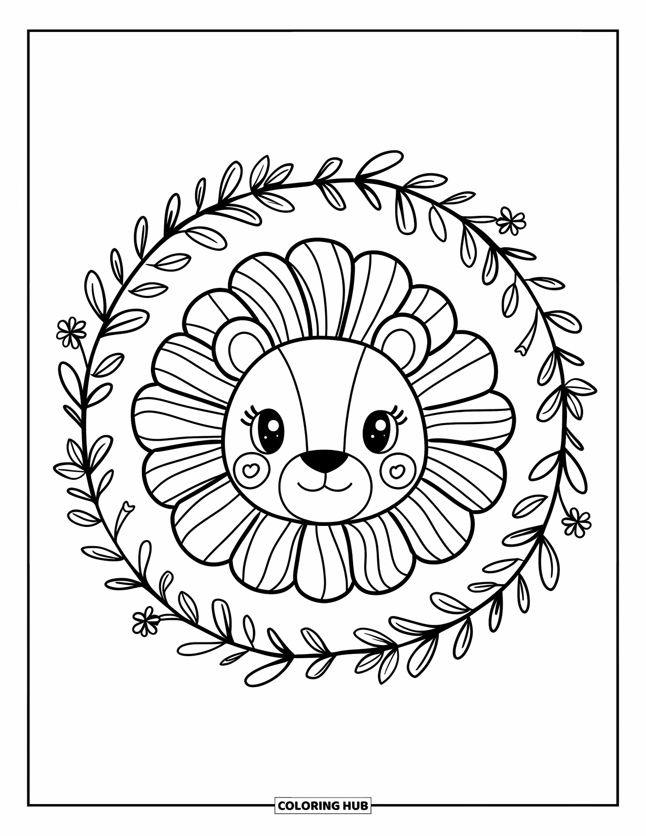 Lion Face Coloring Page for Adults: Lion face with wavy mane and wreath of leaves and blossoms