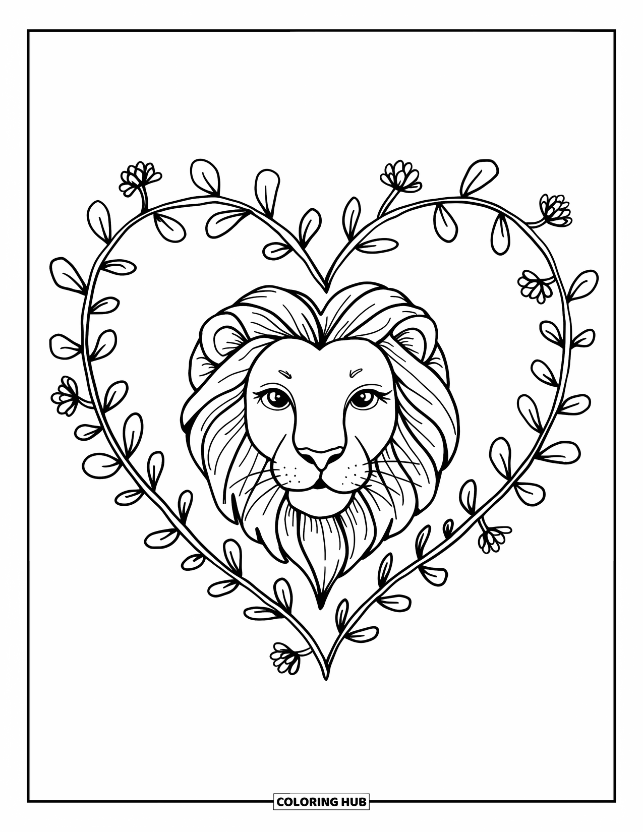 Lion Face Coloring Page for Adults: Lion in floral vine heart frame with kawaii hygge details