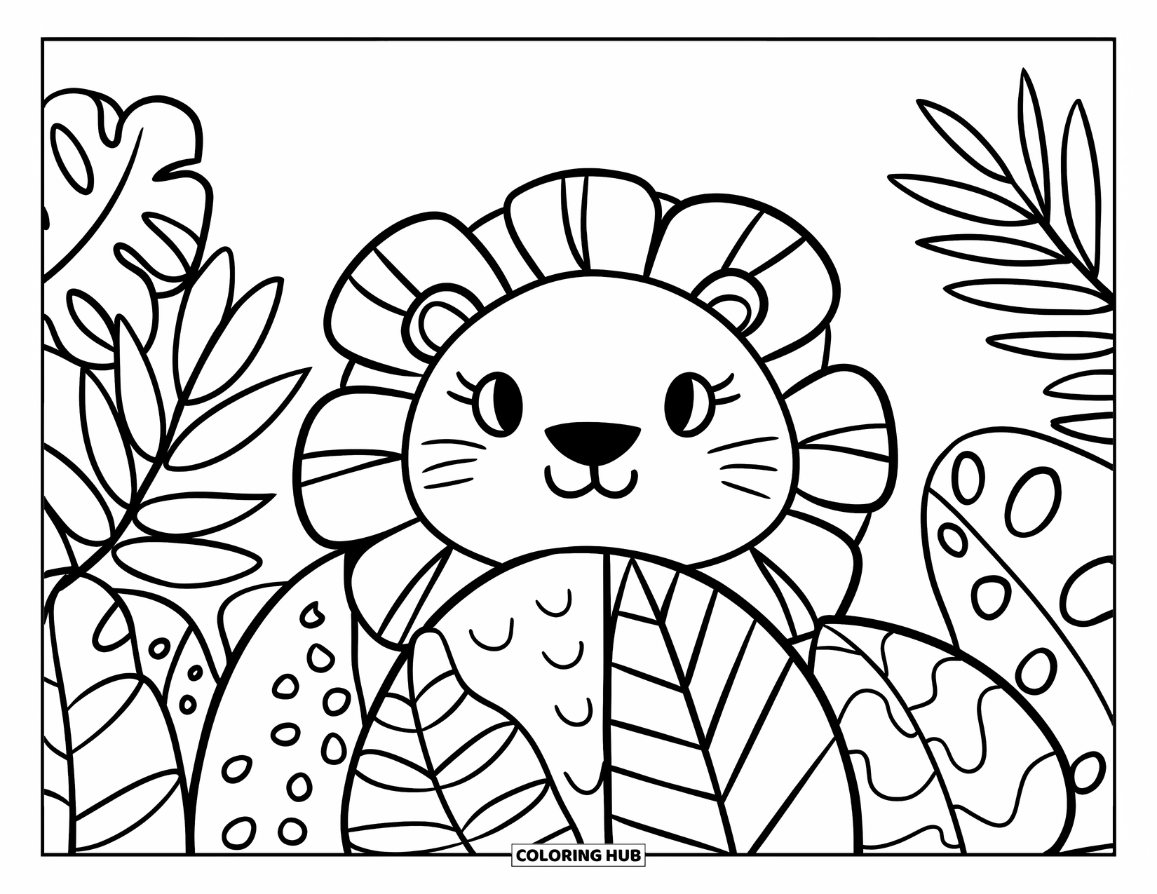 Lion Face Coloring Page for Adults: Lion peeking from tropical plants in kawaii hygge style