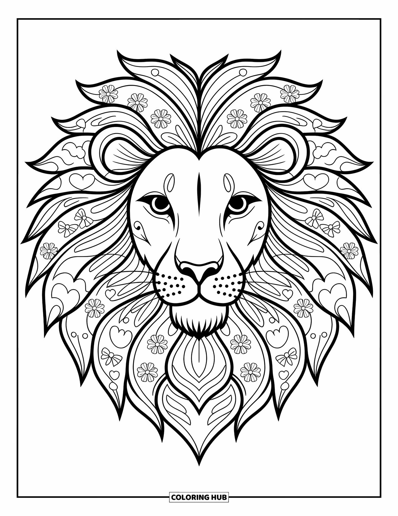 Lion Face Coloring Page for Adults: Lion with mandala mane of clouds, flowers, and bows