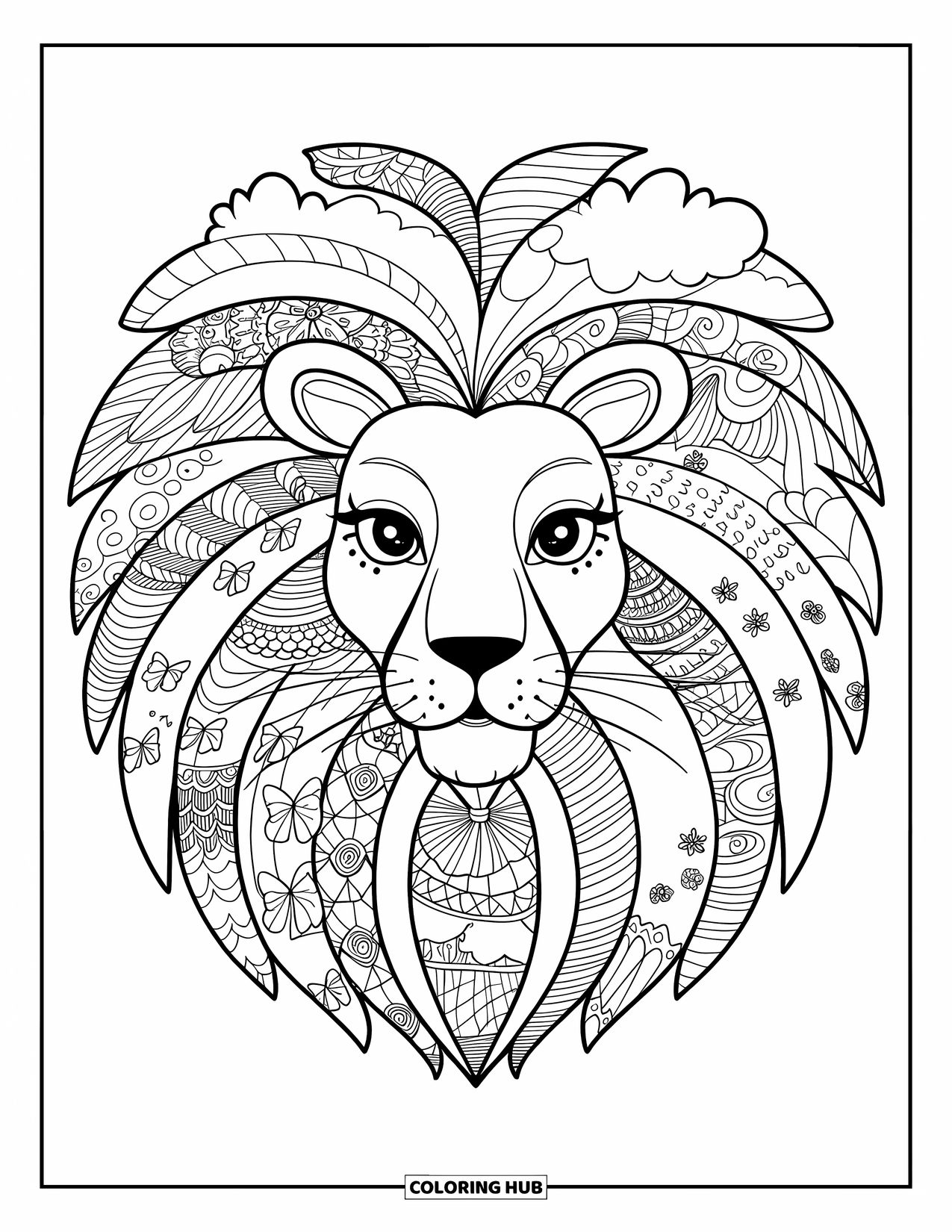 Lion Face Coloring Page for Adults: Lion with patterned mandala mane and cute details