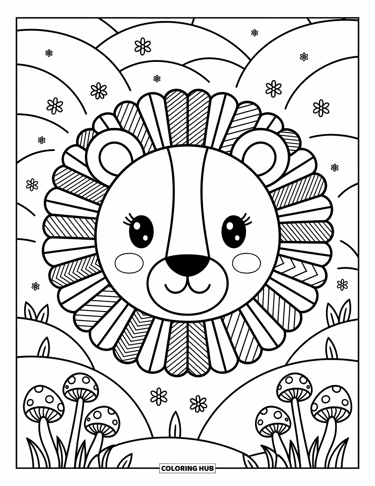 Lion Face Coloring Page for Adults: Lion with patterned mane in rolling hills with flowers and mushrooms
