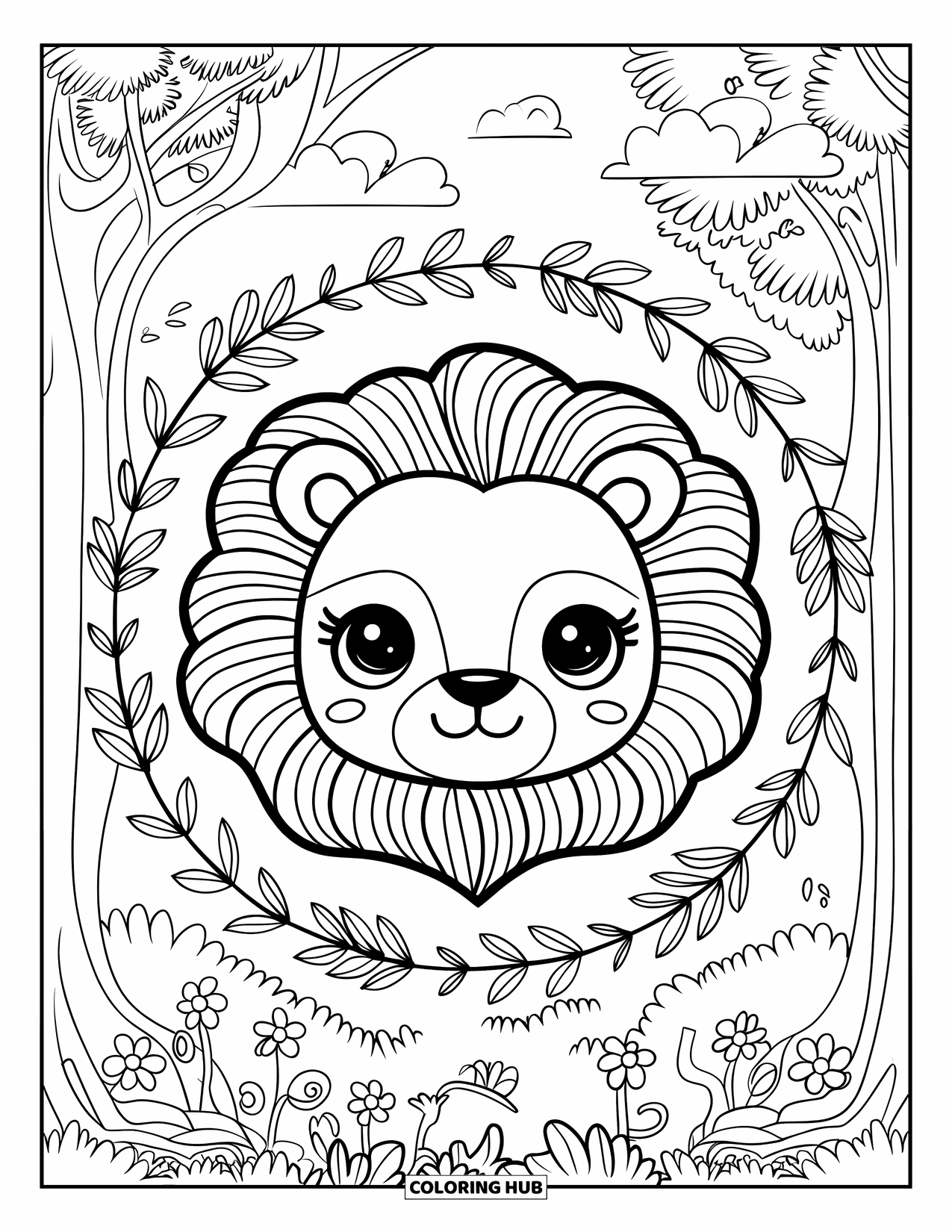 Lion Face Coloring Page for Adults: Lion with wavy mane and floral wreath in nature setting