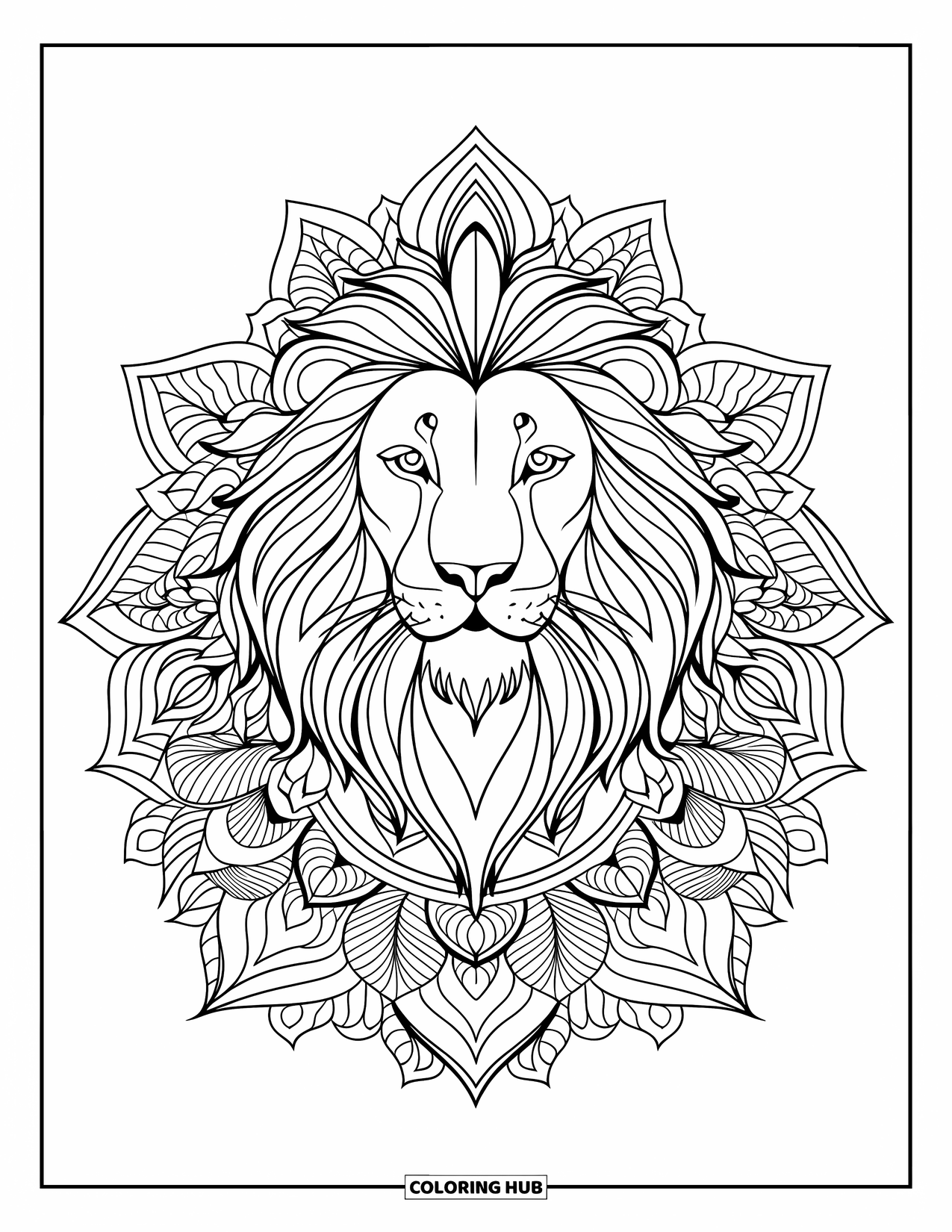Lion Face Coloring Page for Adults: Majestic lion face in layered botanical mandala