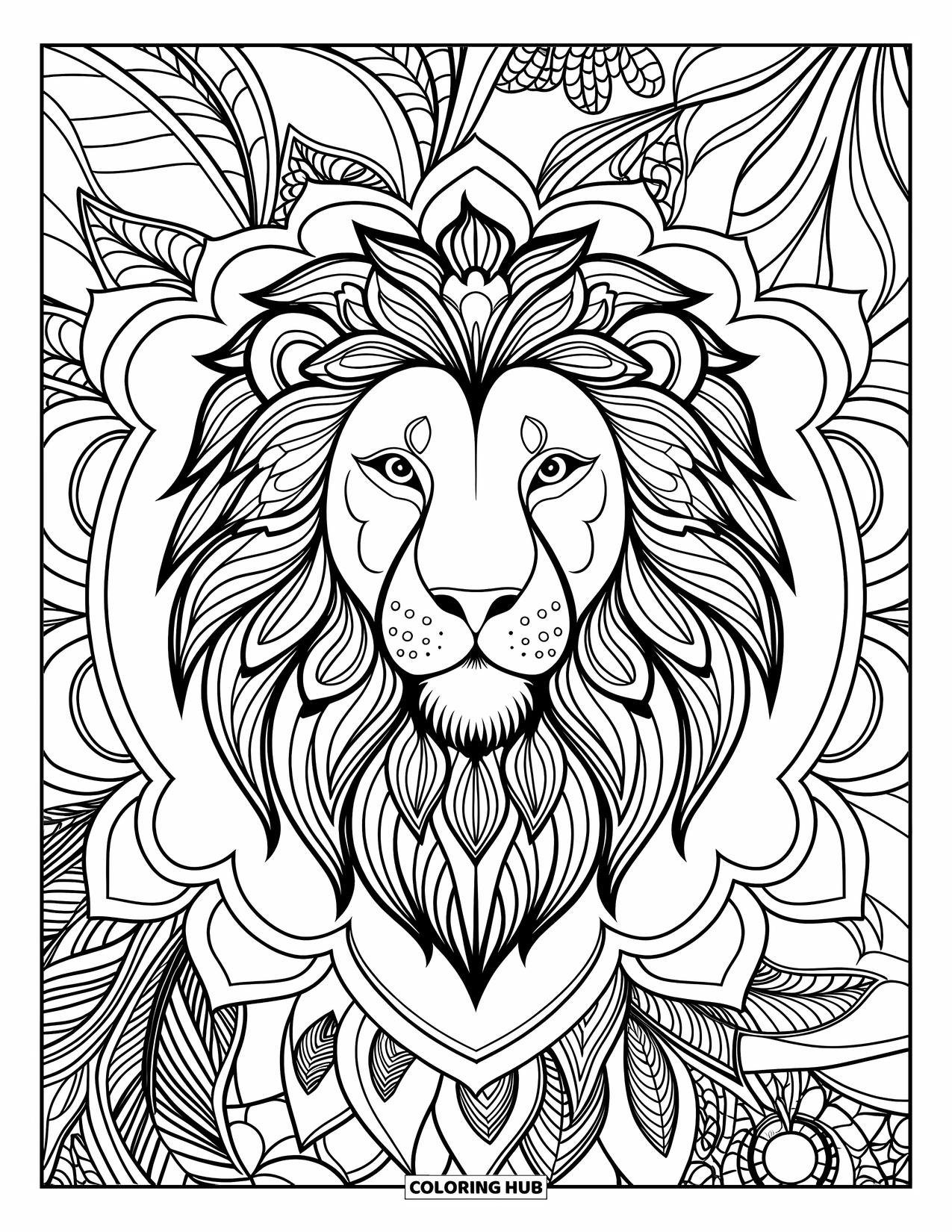 Lion Face Coloring Page for Adults: Majestic lion in botanical mandala with open eyes