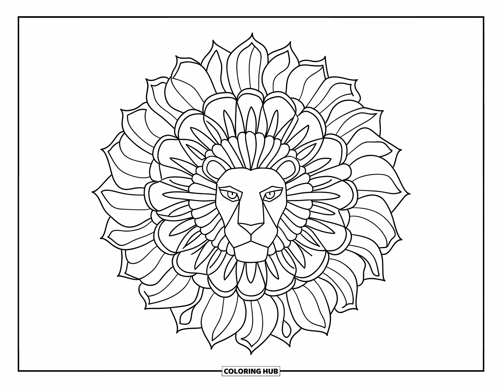 Lion Face Coloring Page for Adults: Mandala with lion face and layers of leaves and petals