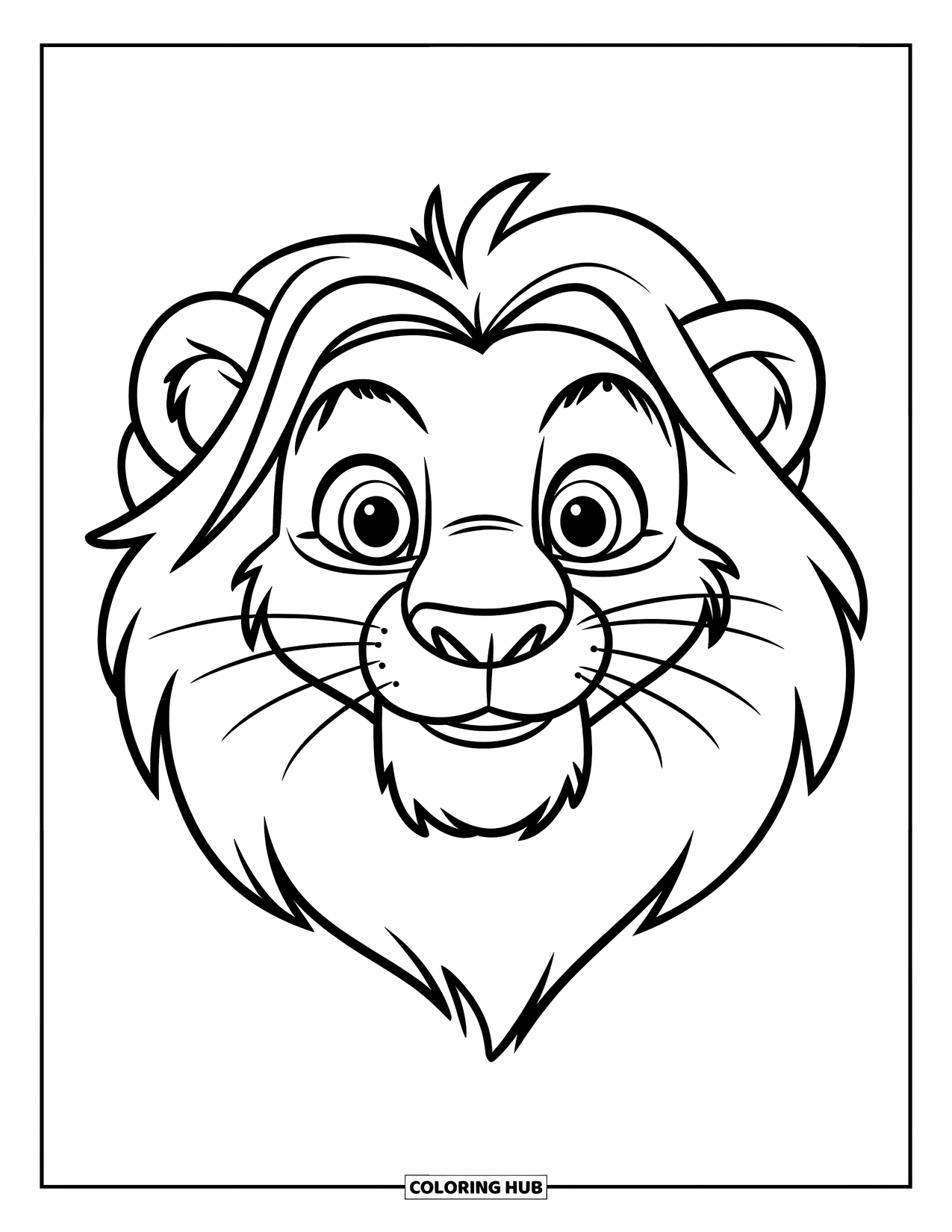 Lion Face Coloring Page for Kids: Cartoon lion face with rounded mane and big eyes