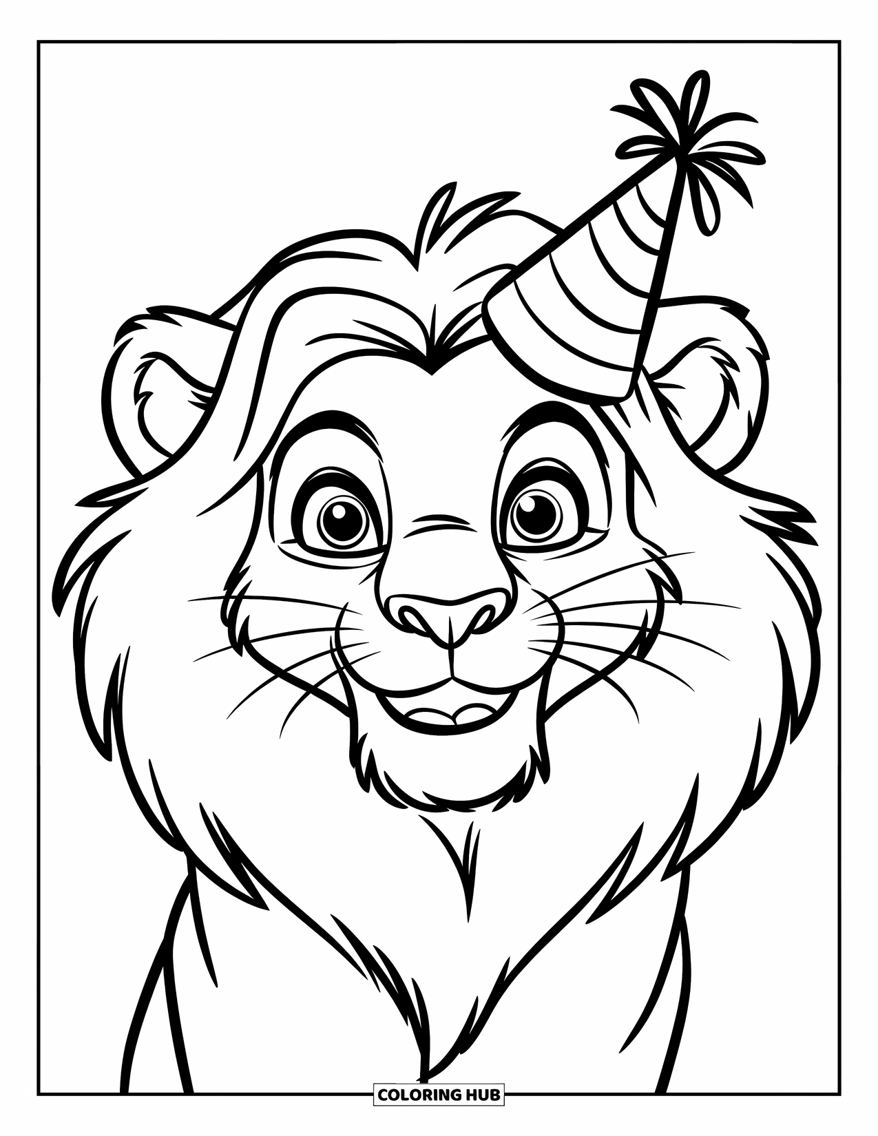 Lion Face Coloring Page for Kids: Cartoon lion with rounded mane, big eyes, and party hat
