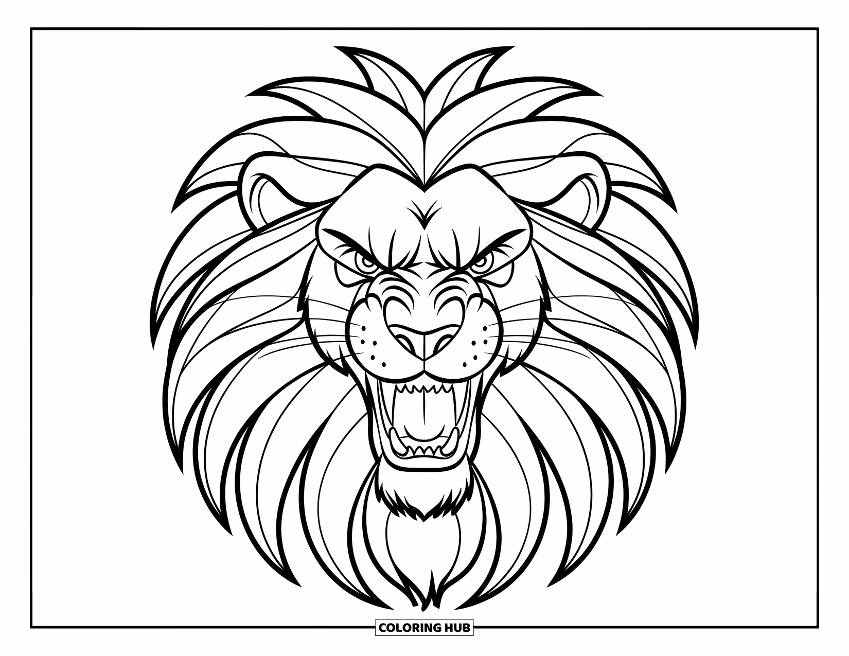 Lion Face Coloring Page for Kids: Fierce lion with sunburst mane and open mouth