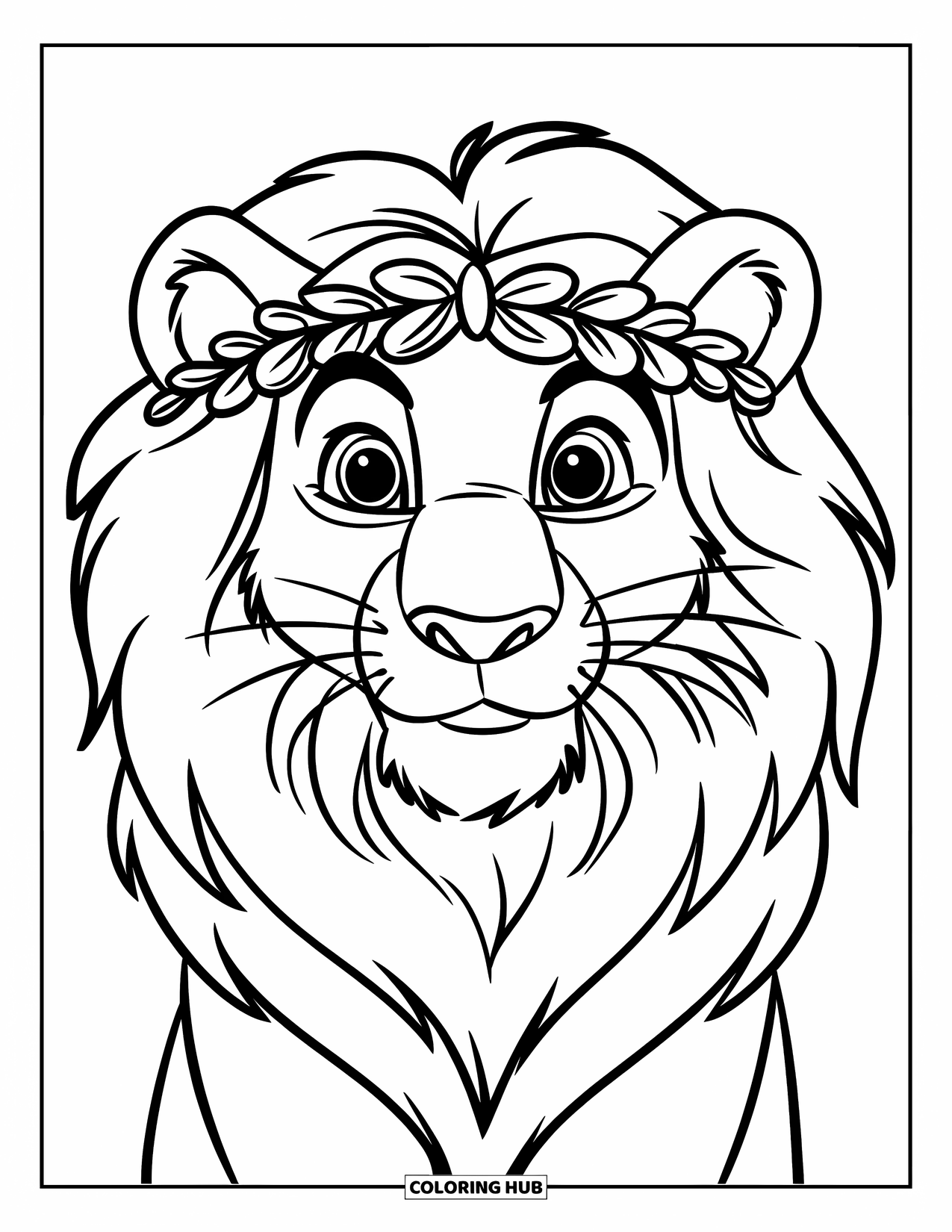 Lion Face Coloring Page for Kids: Friendly lion face with wavy mane and leaf crown
