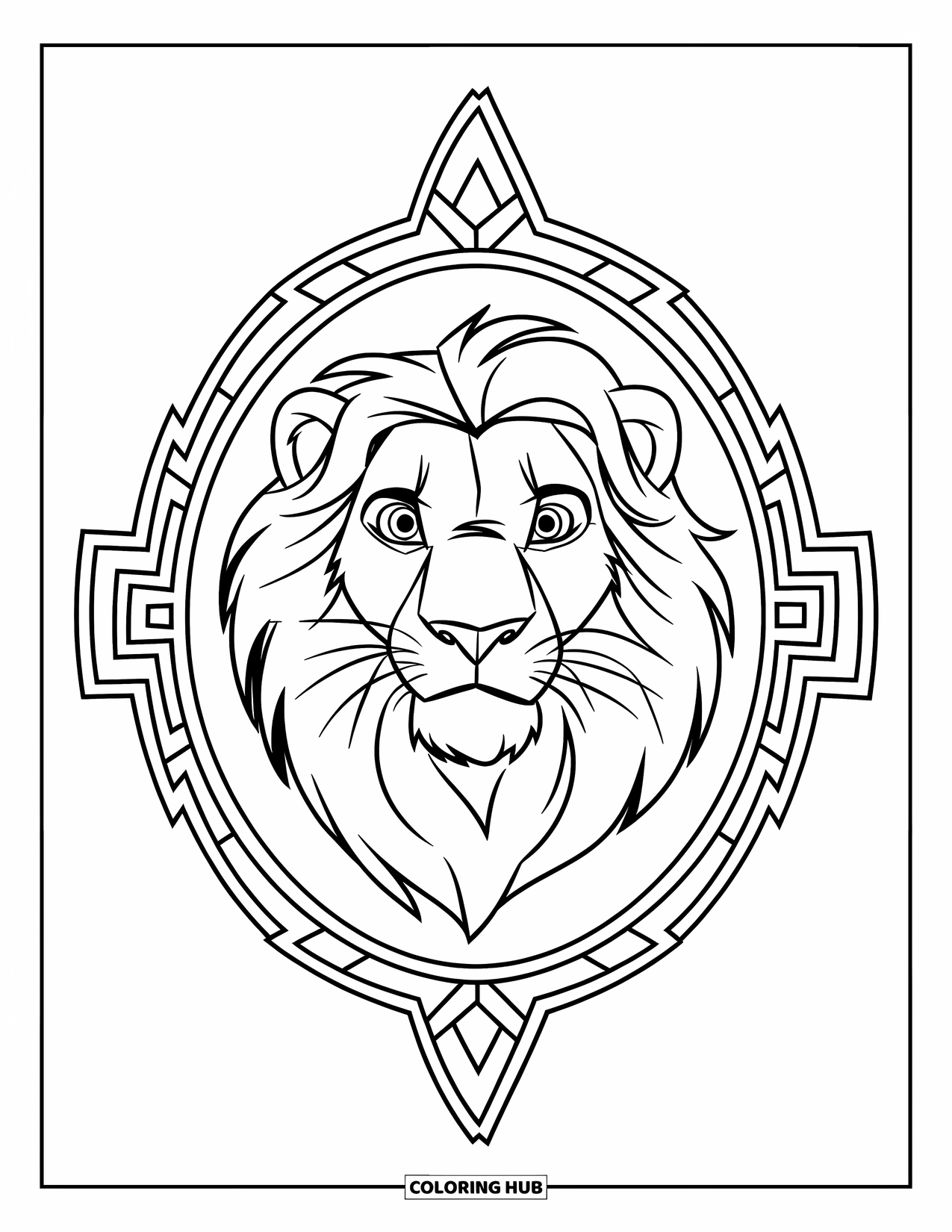 Lion Face Coloring Page for Kids: Lion face in tribal frame with intricate patterns