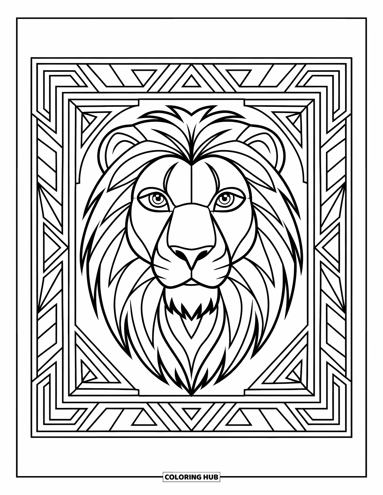 Lion Face Coloring Page for Kids: Lion face in tribal-style geometric frame
