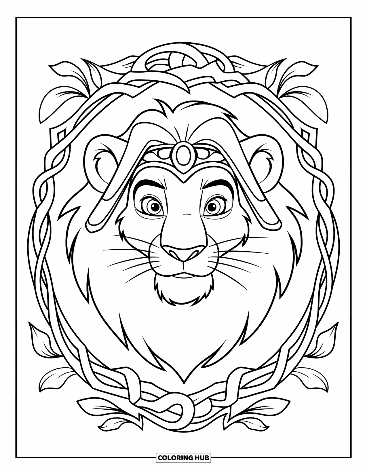 Lion Face Coloring Page for Kids: Lion face in vine and leaf tribal frame