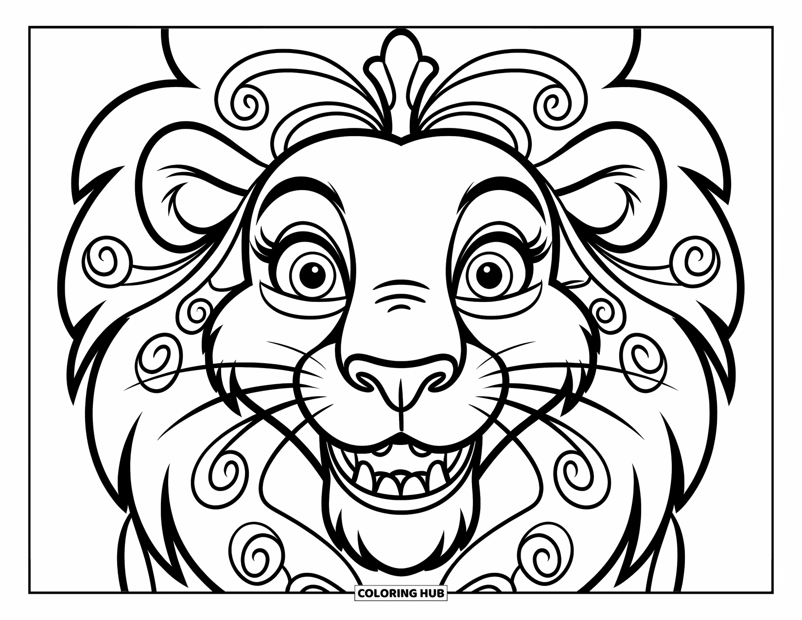 Lion Face Coloring Page for Kids: Lion face with crown, swirled mane, and big grin