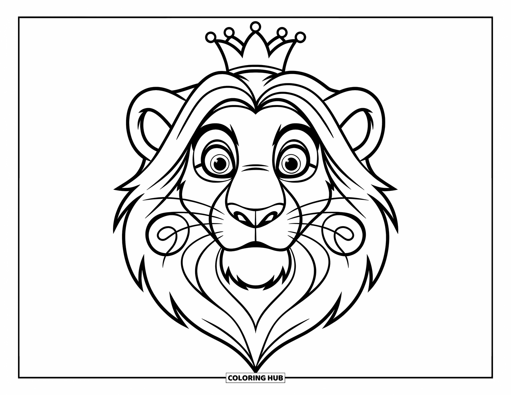 Lion Face Coloring Page for Kids: Lion face with crown, swirled mane, and proud eyes
