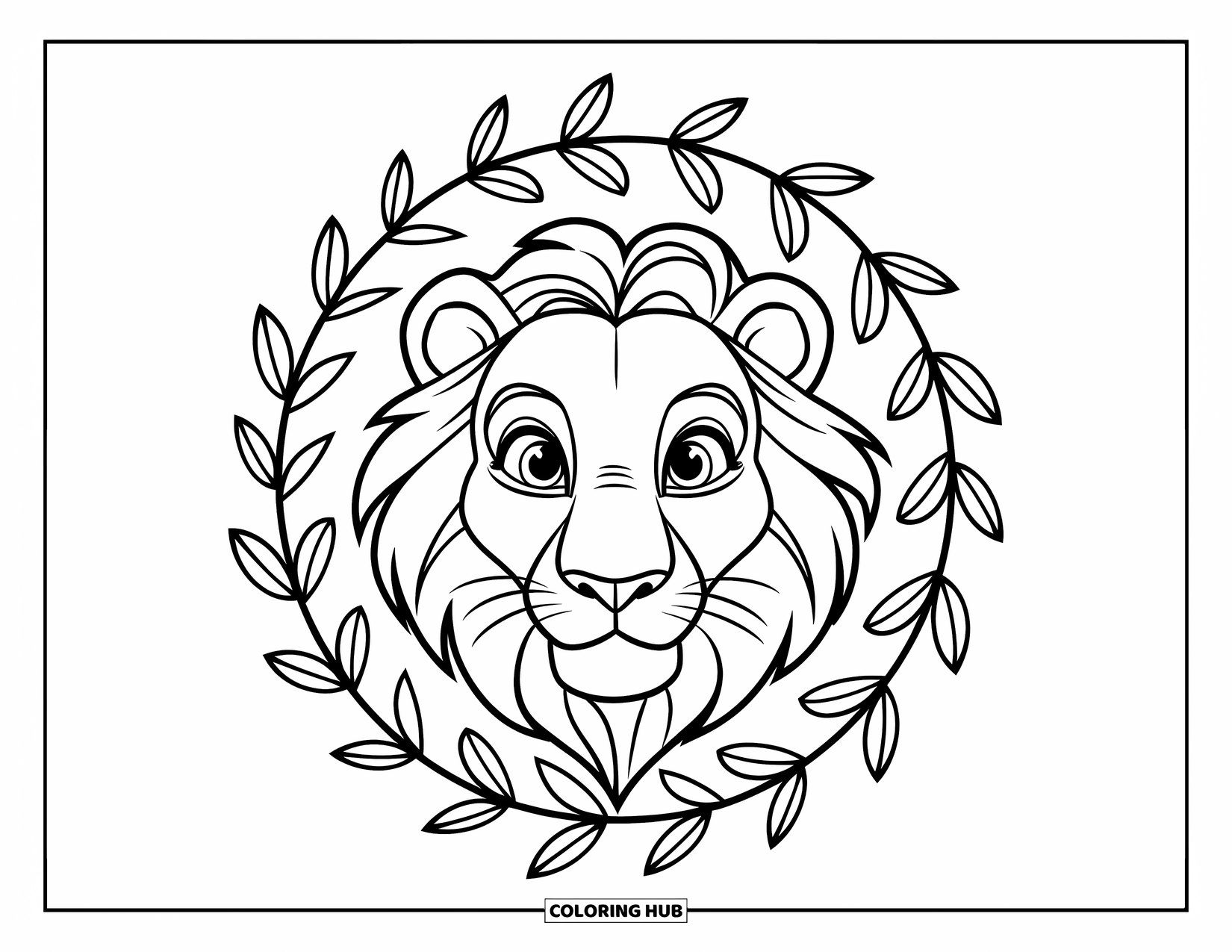 Lion Face Coloring Page for Kids: Lion face with curly mane framed by leaf ring