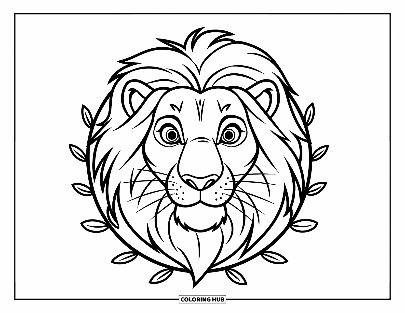 Lion Face Coloring Page for Kids: Lion face with mane framed by simple leaf ring