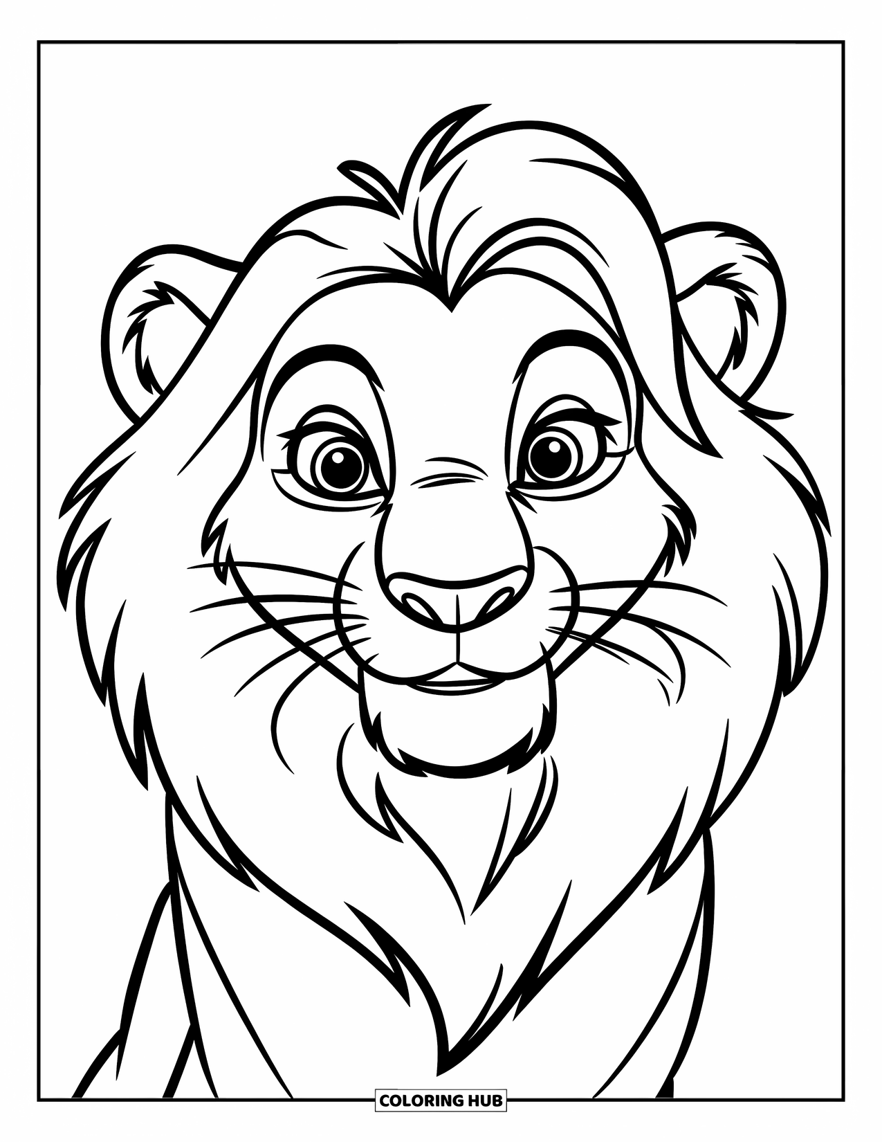 Lion Face Coloring Page for Kids: Lion face with puffy mane and small nose