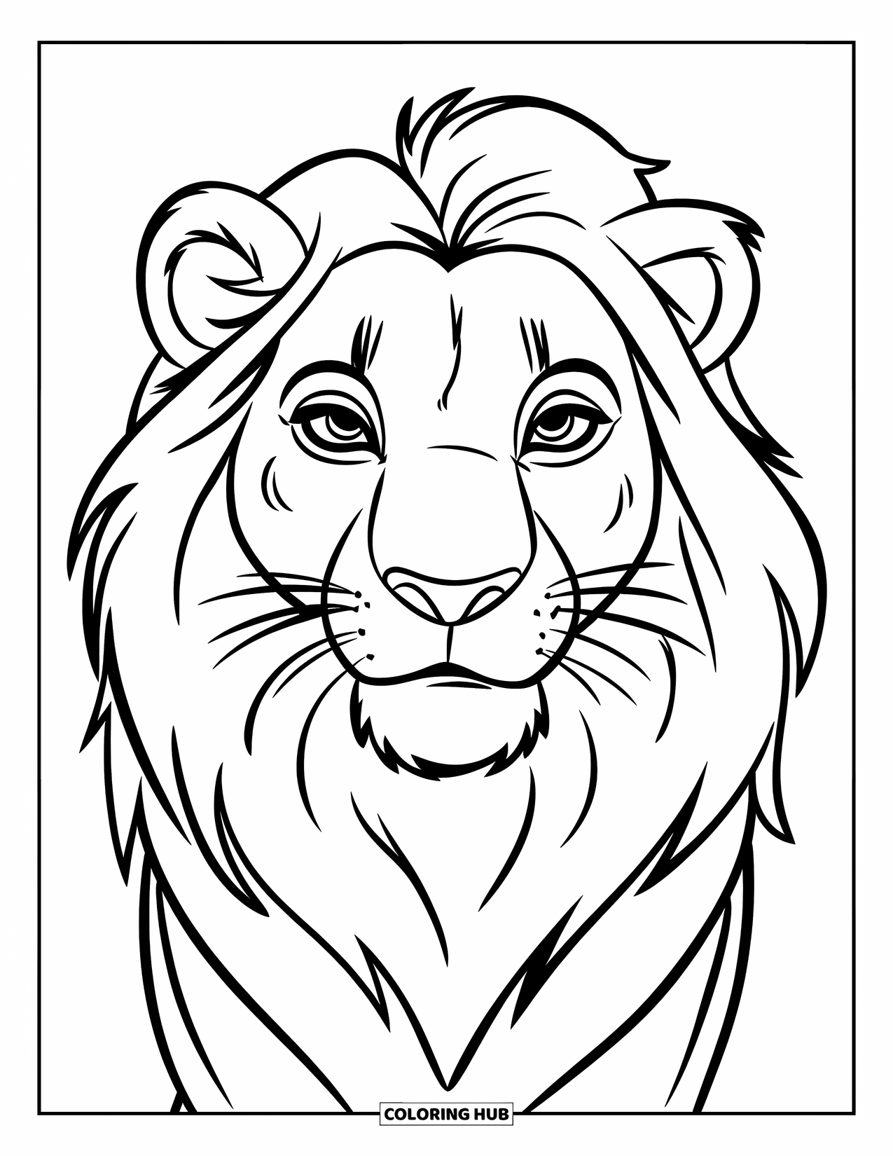 Lion Face Coloring Page for Kids: Lion face with soft puffy mane and small nose