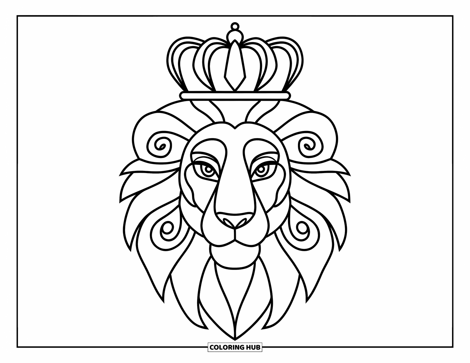 Lion Face Coloring Page for Kids: Lion head with crown and swirled mane design