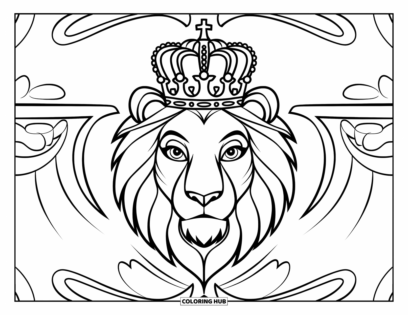 Lion Face Coloring Page for Kids: Lion head with crown surrounded by swirls