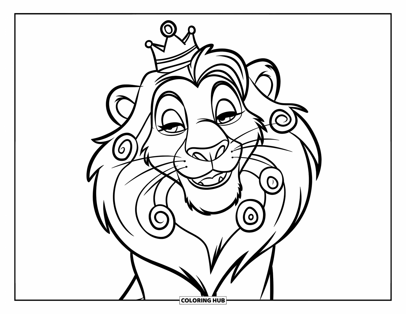 Lion Face Coloring Page for Kids: Lion with crown and swirled mane details