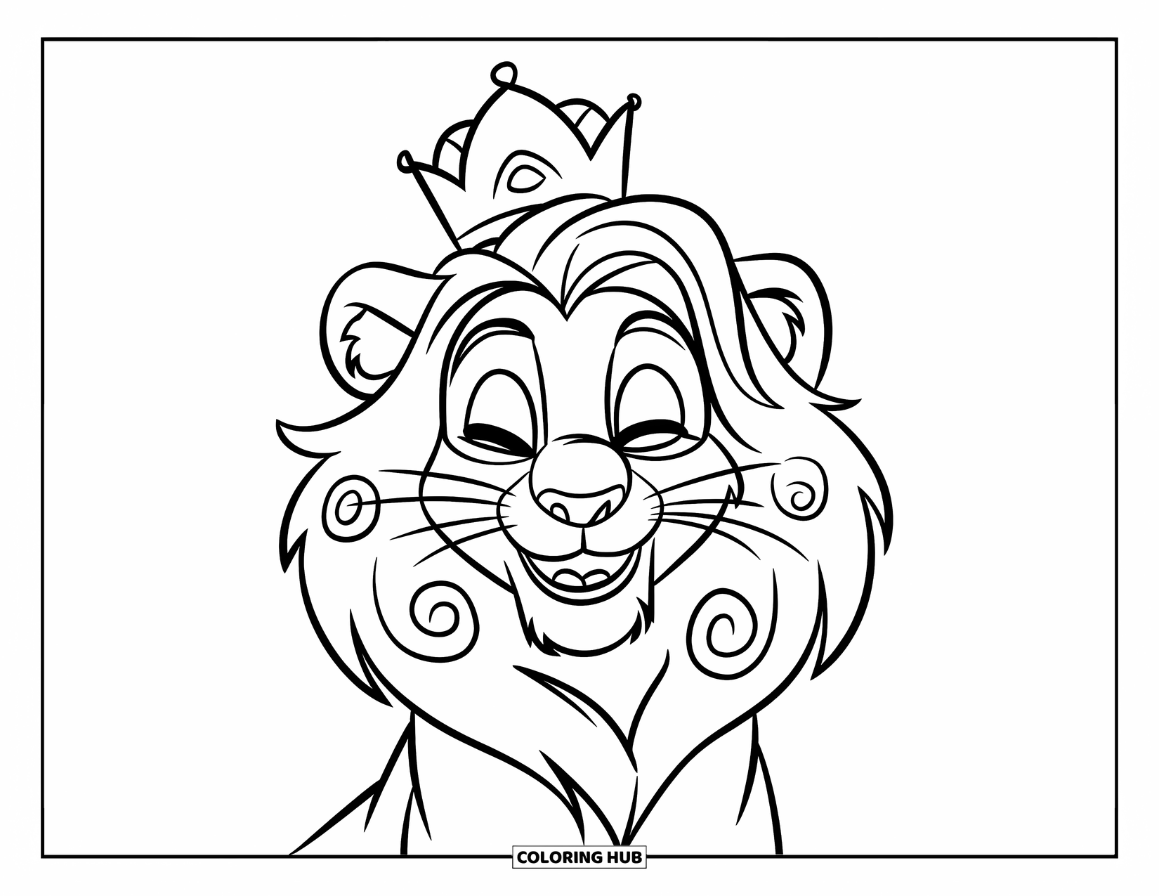 Lion Face Coloring Page for Kids: Lion with small crown and swirled mane, eyes closed