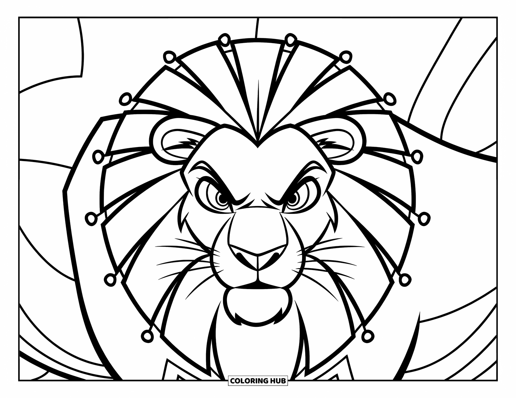 Lion Face Coloring Page for Kids: Lion with sunburst mane and circle-tipped strands