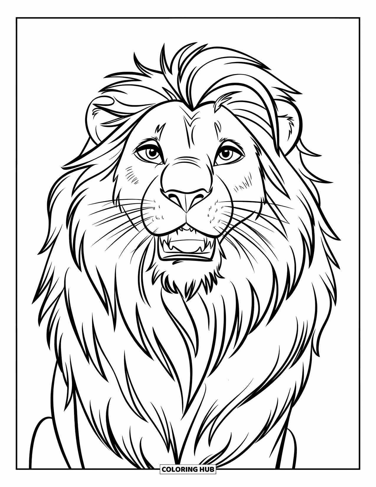 Lion Face Coloring Page for Kids: Majestic lion with open mouth and detailed mane