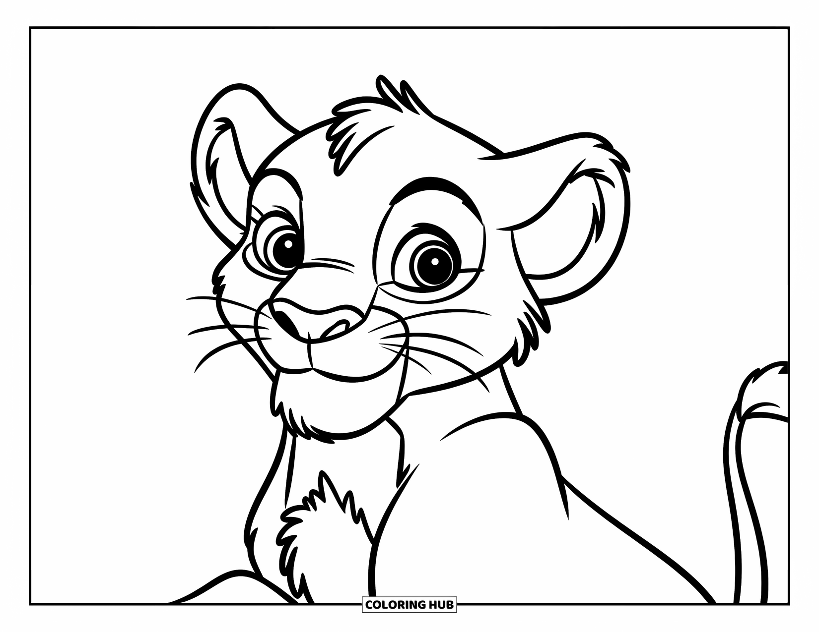 Lion Face Coloring Page for Kids: Playful lion with tiny ears and whiskers looking sideways